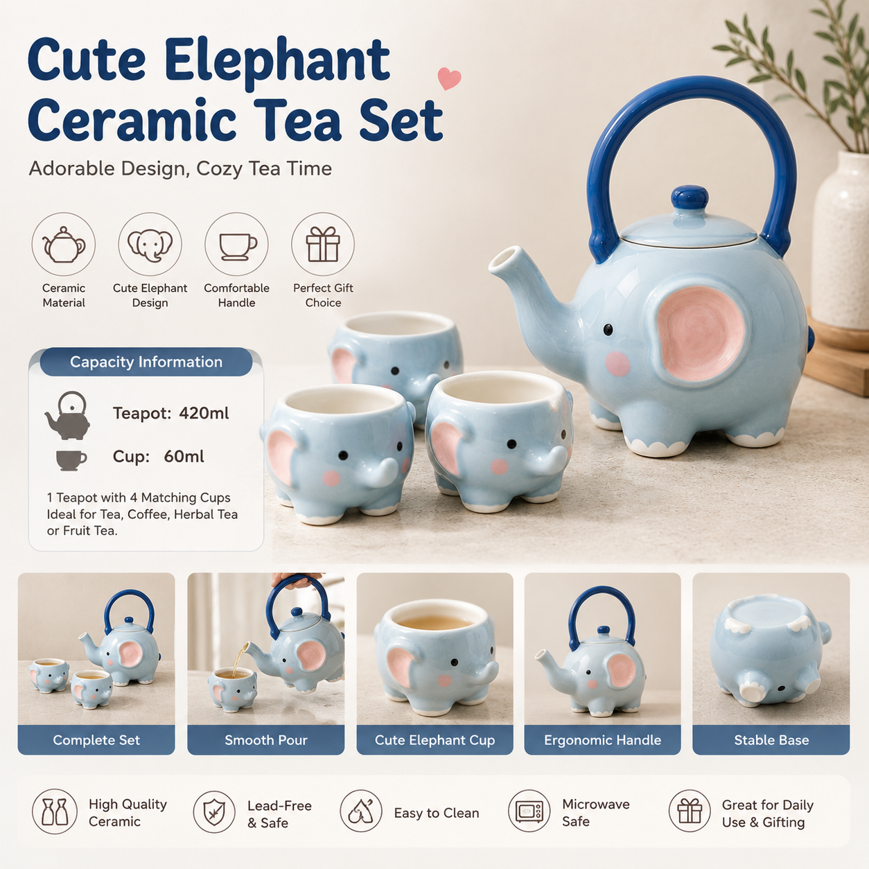 Cute Elephant Ceramic Tea Set