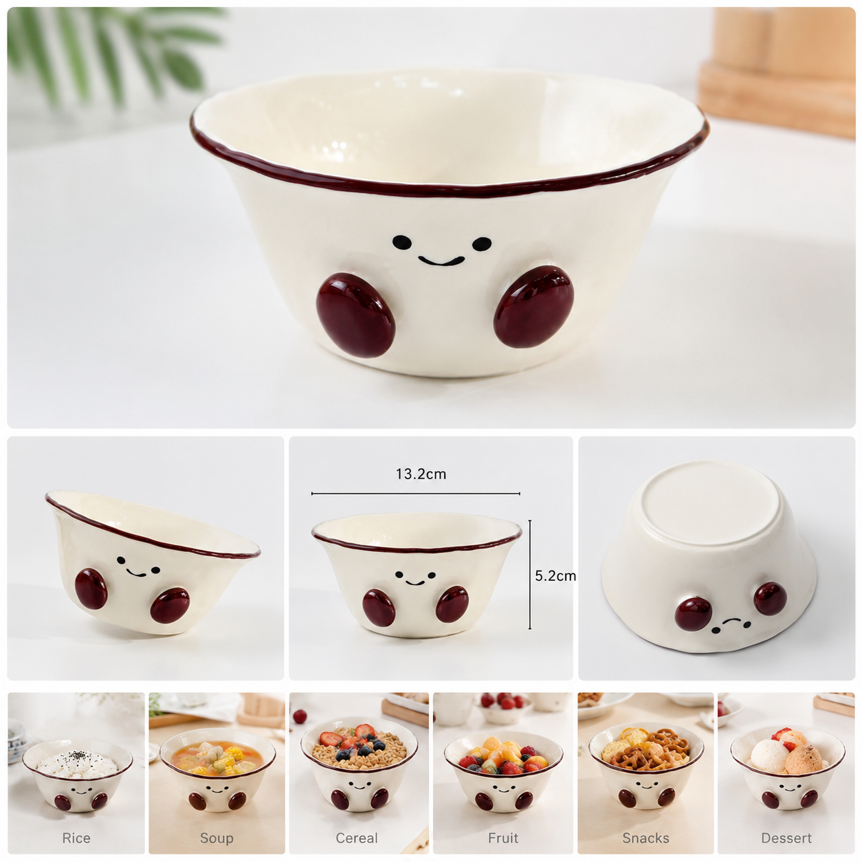 Cute Smiley Ceramic Bowl with Cherry Cheeks