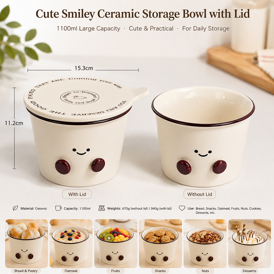 Cute Smiley Ceramic Storage Bowl with Lid