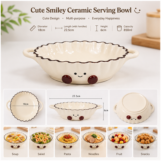 Cute Smiley Ceramic Handled Serving Bowl