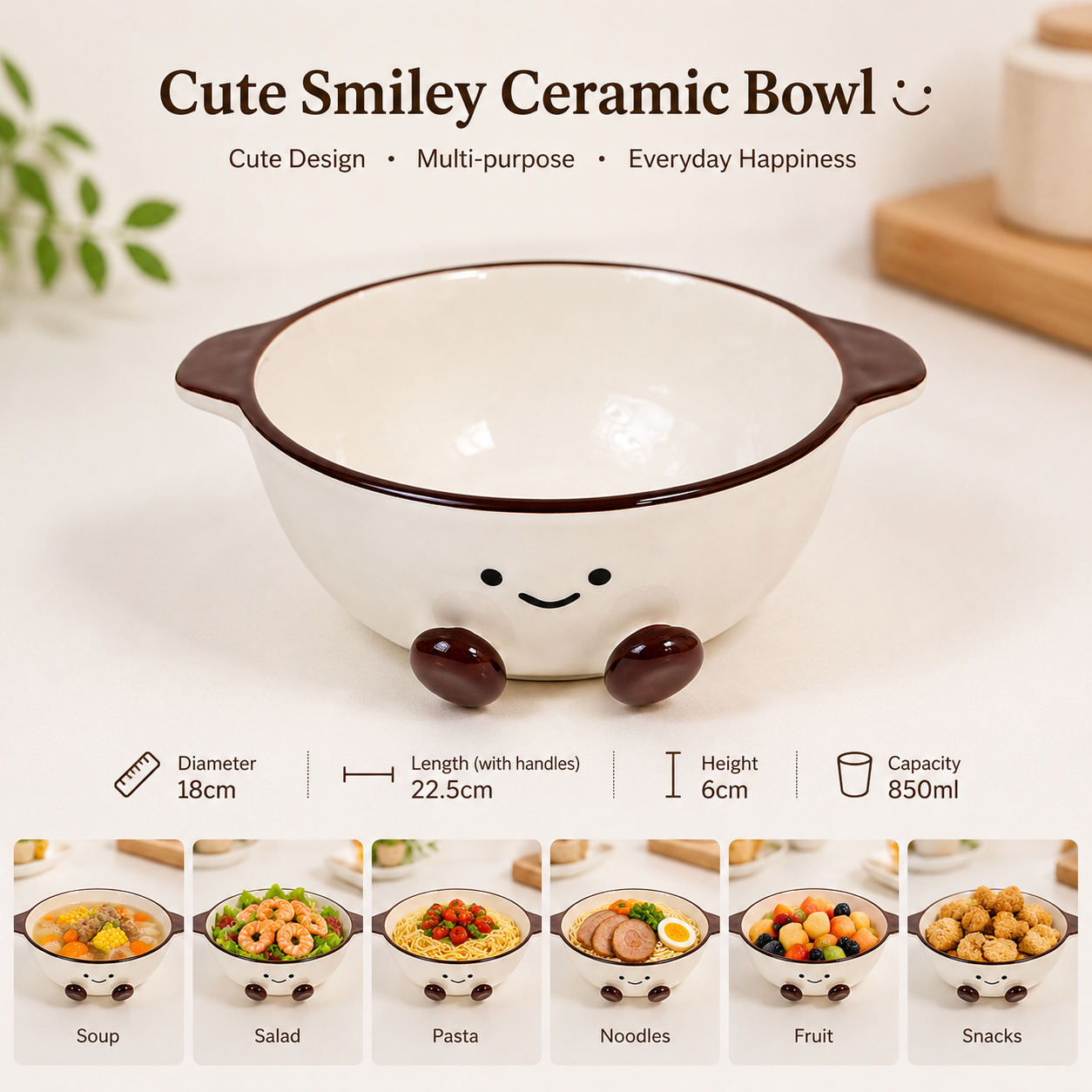 Cute Smiley Ceramic Handled Serving Bowl