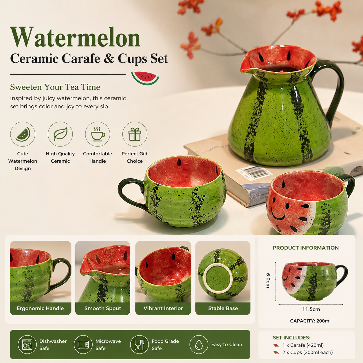 Watermelon Ceramic Tea Set with 2 Cups