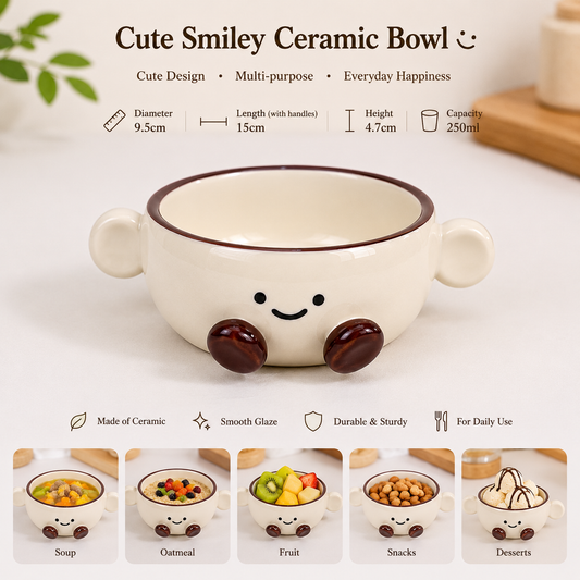 Cream white ceramic smiley bowl with round side handles and dark brown rim